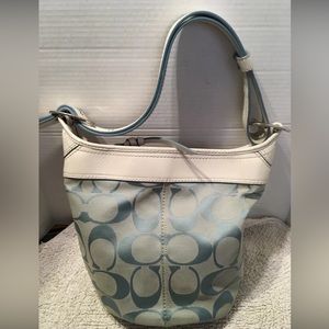 Coach Signature Jacquard Canvas Leather Trim Bucket Duffle Shoulder Handbag
